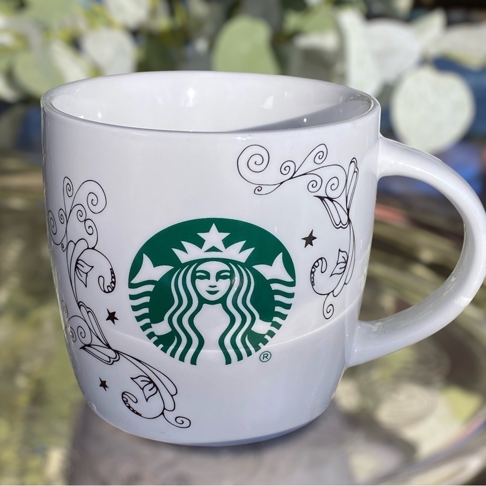 Starbucks 14oz Coffee Tea Mug Cup White With Green Logo Gold Swirl